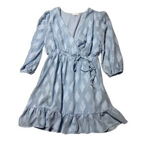 Blue Pepper Womens S Pastel Blue Faux Wrap Puff Sleeve Ruffle Flare Dress